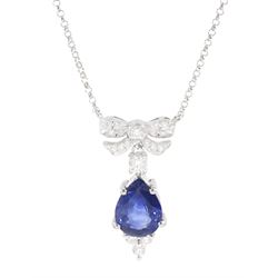 18ct white gold sapphire and diamond pendant necklace, the round brilliant cut diamond bow, suspending a pear cut sapphire and four round brilliant cut diamonds, stamped 750, sapphire approx 3.80 carat, total diamond weight approx 0.45 carat