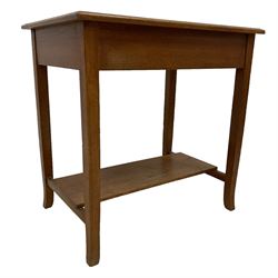 Early 20th century oak sewing or work table, moulded rectangular top with hinged compartment, fabric lined interior fitted with divisions, on square supports with out-splayed feet, untied by undertier 
