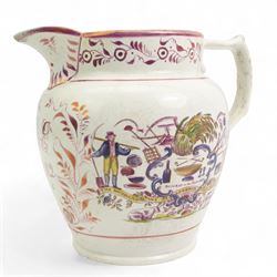 William IV Sunderland lustre jug, transfer printed and painted in enamels with the verse 'Let the wealthy and great Roll in splender and state..', the other side printed with 'Success to the Farmer', male and female farmers and horticultural implements, the front initialled and dated H.E 1832, H18cm 