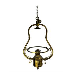 Set three brass framed light fittings, one with white glass shade, converted to electricity, H64cm