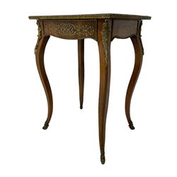 In the manner of Émile Gallé - late 19th to early 20th century inlaid walnut side table, rectangular top inlaid with Japonisme decoration depicting birds within trees, figured crossbanding and cast gilt foliate applied edge, single frieze drawer inlaid with scrolling brass work, on cabriole supports with ornate floral mounts