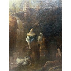 Jan Dircksz Both (Dutch 1615/18-1652) and Andries Both (Dutch 1612/1613-1642): Shepherd and Wife within an Italian Landscape, oil on canvas attributed and titled on the mount 60cm x 50cm
Provenance: previously owned by the Countess Michalowski, Cork
Notes: this picture captures the typical golden Italian light and shadowy foreground that Both highlighted in many of his works from the 1630s and early 40s. It is likely the figures were executed by his elder brother Andries, who drowned in Venice 1642