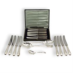 Set of eight silver handled dessert knives Sheffield 1977 Maker William Yates Ltd, pair of silver serving spoons Sheffield 1906 Maker Lee & Wigfull, early 19th century silver caddy spoon and set of six silver handled pastry knives 