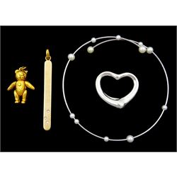 Tiffany & Co silver open heart pendant by Elsa Peretti, 9ct gold diamond pendant, gilt teddy bear pendant and a pearl bangle
