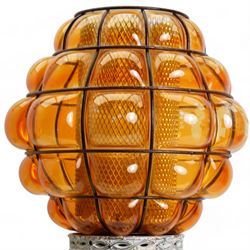 Vintage pierced brass table lamp in the form of an oil lamp, with amber glass shade, H62cm