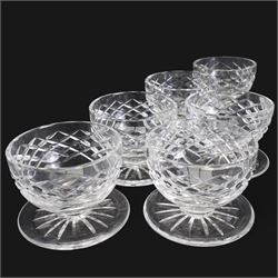 Suite of Waterford Tyrone pattern crystal to include six water goblets, H18cm, six red wine glasses, H17cm, seven white wine glasses, H16cm, six champagne flutes H18cm, six port glasses H14cm, nine champagne coupes, eight tumblers, six dessert bowls and serving/ fruit bowl