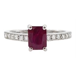 18ct white gold radiant cut ruby ring, with round brilliant cut diamond set shoulders, hallmarked, ruby approx 1.00 carat