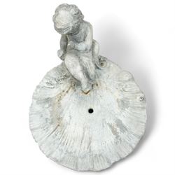 Early 20th century lead bird bath fountain, shell shaped bath with mounted cherub