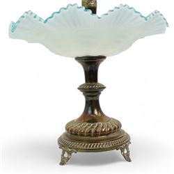 19th/ early 20th century silver-plate and satin glass epergne, having a single frilled blue satin glass trumpet vase with matching bowl beneath, on gadrooned column and base, with scroll bracket feet, H45cm