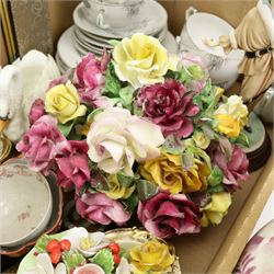 19th century Sunderland lustre jug, 18th century tea bowl and cup, large Crown Staffordshire flower group, Noritake gilt dishes etc in one box