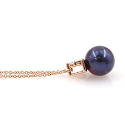 Rose gold three stone round brilliant cut diamond and black / purple cultured pearl pendant necklace