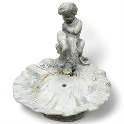 Early 20th century lead bird bath fountain, shell shaped bath with mounted cherub