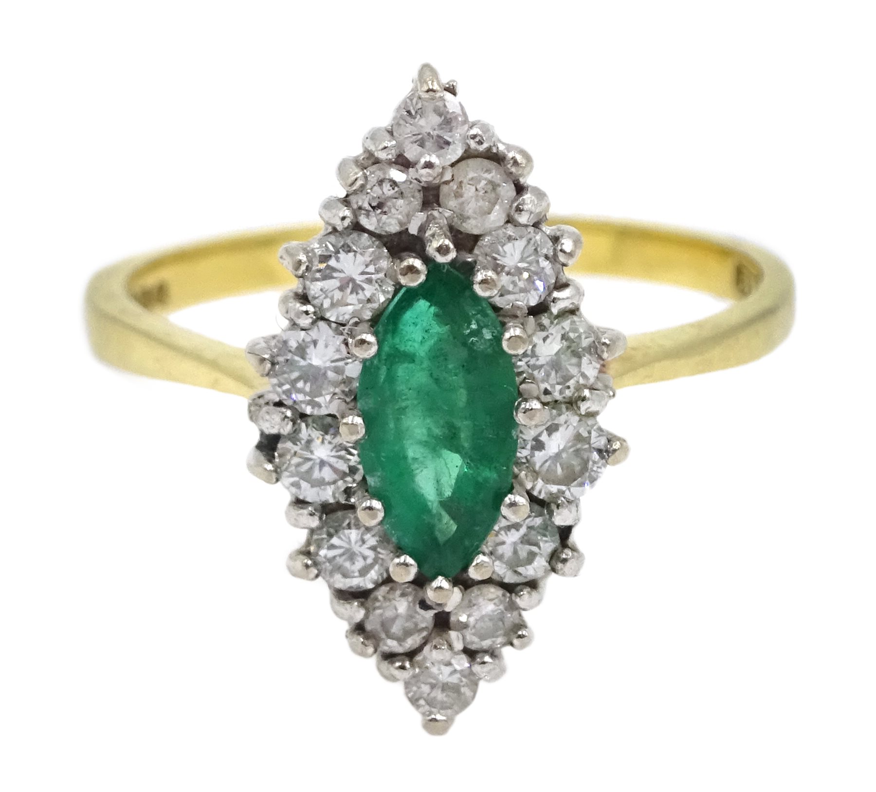 DS 18ct gold marquise emerald and round brilliant cut diamond, marquise ...