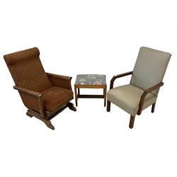 Art Deco period oak armchair, angular arms enclosing upholstered seat and back in lozenge pattern fabric, on square supports (W56cm, H60cm); early to mid-20th century oak rocking chair (W60cm, H91cm); and a mid-20th century footstool (W50cm); 