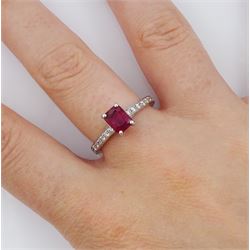 18ct white gold radiant cut ruby ring, with round brilliant cut diamond set shoulders, hallmarked, ruby approx 1.00 carat