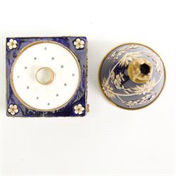 Early 19th century Spode pastille burner, of conical form, with floral gilt heightened relief decoration against a cobalt blue ground, upon a square base, supported by four ball and paw feet, pattern no. 3153, H13cm