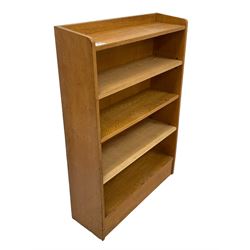 Mid-20th century military war department office light oak bookcase, fitted with fixed shelf and two adjustable shelves, stamp to back 'WD Wilkinsons (BFD) Ltd'