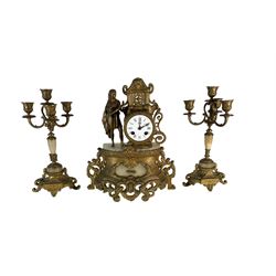 French - late 19th century 8-day mantle clock with two matching five light candelabra, gilt spelter case with alabaster panels and plinth, drum movement and standing figure from classical antiquity, enamel dial with Roman numerals, minute markers and steel hands, with a twin train countwheel striking movement striking the hours and half-hours on a bell. With pendulum. 