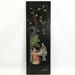 Set of four Chinese lacquer and polychrome decorative wooden panels, 92cm x 31cm (4)