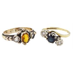 9ct gold three stone round cut sapphire and diamond ring and Victorian gold three stone set ring