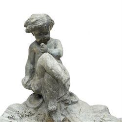 Early 20th century lead bird bath fountain, shell shaped bath with mounted cherub