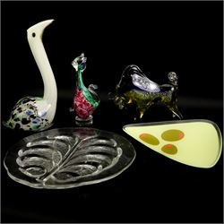 Murano glass model of a bull, seated cat and bird, Orrefors glass plate, designed by Lars Hellsten, D32cm and vintage glass dish (5)