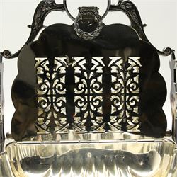 19th/ early 20th century silver-plated biscuit box, of shell form with two fold down compartments with pierced fretwork design covers, on four scroll feet, H27cm 