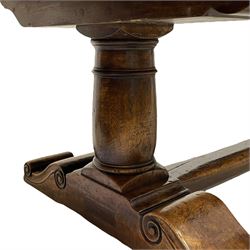Large French cherry wood and elm 4m refectory dining table, rectangular boarded top with mitred corners, moulded edge with wrought metal brackets, barrel-turned pedestal supports on S-scroll carved sledge feet, joined by floor stretcher