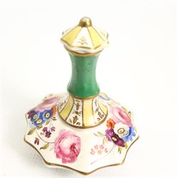 19th century porcelain scent or essence bottle, possibly by Henry & Richard Daniel, of baluster form, relief moulded with leaves and flowers and painted with panels of flowers,  with associated conical form stopper, H30.5cm together with a 19th century French scent bottle and stopper (2)