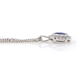 18ct white gold oval cut sapphire and round brilliant cut diamond pendant on chain, hallmarked London, total diamond weight approx 0.15 carat