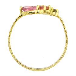 Silver-gilt pink and green tourmaline ring, stamped 925