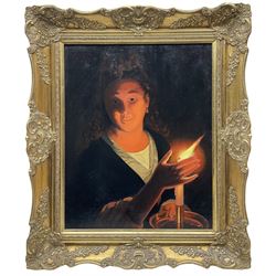 After Godfried Schalcken (Dutch 1643-1706): 'Young Girl with a Candle', oil on canvas unsigned, labelled verso 50cm x 40cm