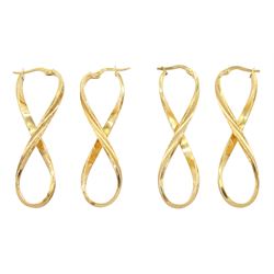 Two pairs of 9ct gold infinity hoop stud earrings