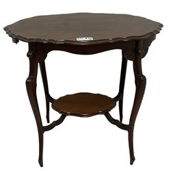 Edwardian inlaid walnut pot cupboard; Edwardian walnut plant stand with sliding candle tray; Sutherland tea table; Edwardian oval two-tier centre table with scalloped edge; octagonal wine table with cluster column pedestal; dressing table mirror (5)