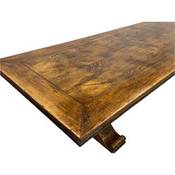 Large French cherry wood and elm 4m refectory dining table, rectangular boarded top with mitred corners, moulded edge with wrought metal brackets, barrel-turned pedestal supports on S-scroll carved sledge feet, joined by floor stretcher