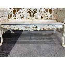 Coalbrookdale design - early 20th century cast iron oak leaf and acorn bench, white painted cast iron frame with slatted wooden seat, the pierced and shaped back decorated with scrolling oak branches and leafage, flanked by dog mask arm terminals over cabriole supports with paw feet 