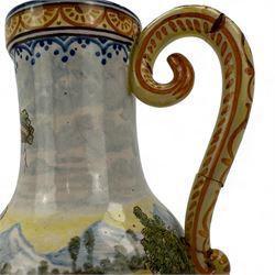 Montagnon Nevers Faience Majolica ewer, decorated with putto in a classical landscape, H23cm