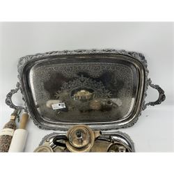 Early 20th century silver plated twin handled tray, two other trays, silver plated tea wares etc in one box