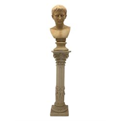 After Antonio Canova (1757 - 1822): 'Young Augustus', faux marble bust on socle plinth, with a faux marble Corinthian column pedestal, H118cm overall 