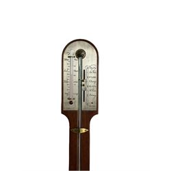 A replica 20th century cistern bulb stick barometer in the 18th century style, with a round topped mahogany case and visible cane, circular domed cistern cover and silvered register with a single Vernier, register engraved with recording scale and weather predictions, red spirit thermometer recording the temperature in degrees Fahrenheit and Celsius.  




£60-80
