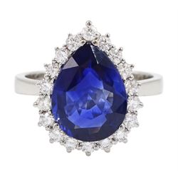 18ct white gold pear cut sapphire and round brilliant cut diamond cluster ring, hallmarked, sapphire approx 3.65 carat, total diamond weight approx 0.50 carat