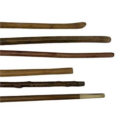 Group of vintage walking hardwood walking sticks and staff, the staff carved in the form of two crocodiles and various others (6)