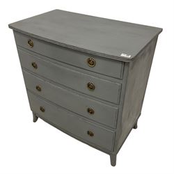 Georgian design blue painted bow-front chest, fitted with four graduating drawers, raised on tapering feet