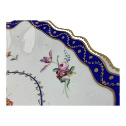 18th century Derby fluted lozenge shaped dish, in the manner of Edward Withers, painted with flower sprays within a blue and gilt leafy chain border, crown over D in blue, incised N, L26cm 