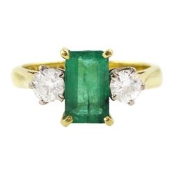 18ct gold three stone octagonal cut emerald and round brilliant cut diamond ring, Sheffield 1981, emerald approx 0.80 carat, total diamond weight approx 0.35 carat