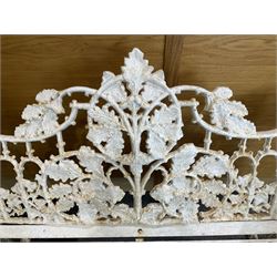 Coalbrookdale design - early 20th century cast iron oak leaf and acorn bench, white painted cast iron frame with slatted wooden seat, the pierced and shaped back decorated with scrolling oak branches and leafage, flanked by dog mask arm terminals over cabriole supports with paw feet 