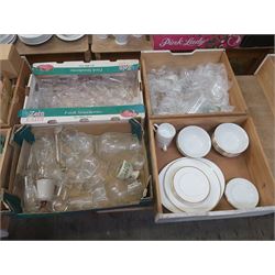 Eight Boxes of Glasses, Ceramics, Tins, Etc