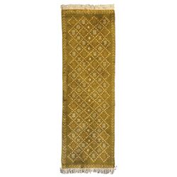 Moroccan citrine ground thick pile runner rug, the field decorated with geometric design and interspersed tribal motifs, enclosed by a chevron pattern guard band