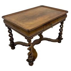 19th century William and Mary design figured walnut lamp or side table, rectangular tray top, cushion frieze fitted with single drawer, raised on open spiral turned supports united by curved x-frame stretcher, on bun feet