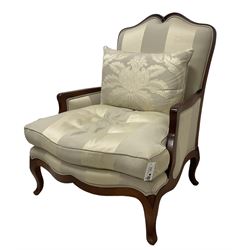 Duresta - French design hardwood-framed wide-seat armchair, shaped cresting rail over curved arms, upholstered in two-tone off-white striped fabric with loose seat cushion, shaped apron and cabriole feet 